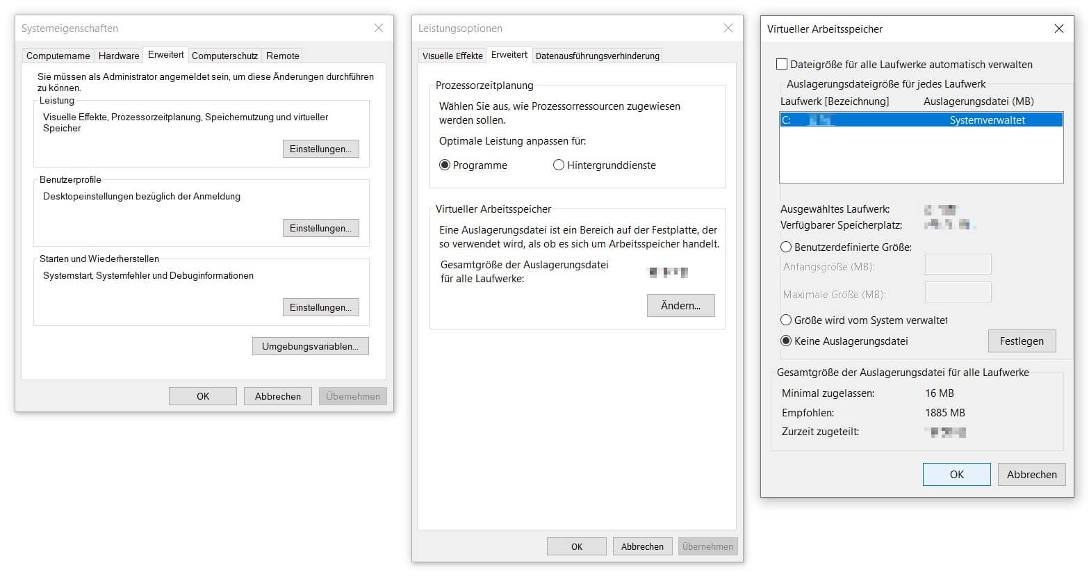 Keine Auslagerungsdatei für den virtuellen Arbeitsspeicher von Windows 10